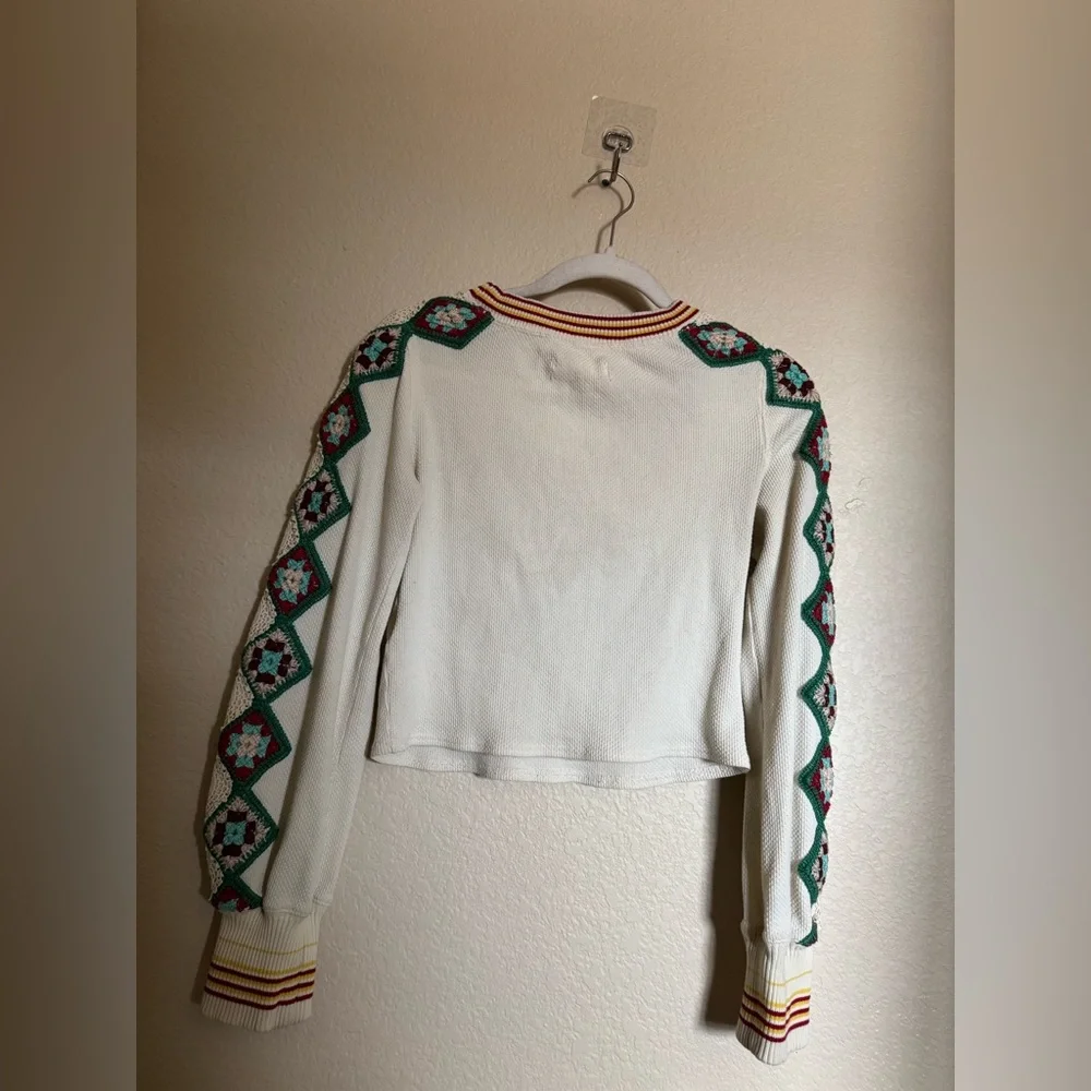 Free People Rib Sweatshirt Granny Square Sleeve Embroidery Sz Small Colorful‎